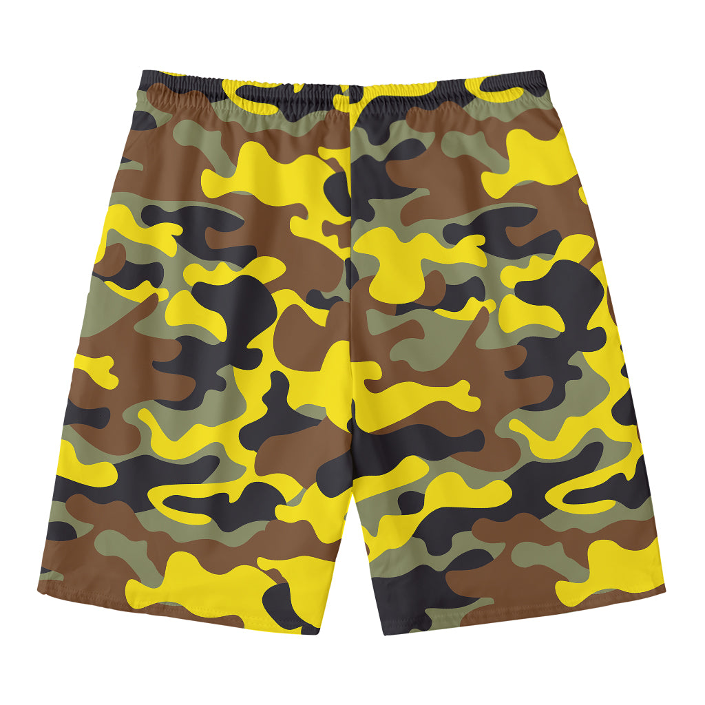 Yellow Brown And Black Camouflage Print Men's Swim Trunks