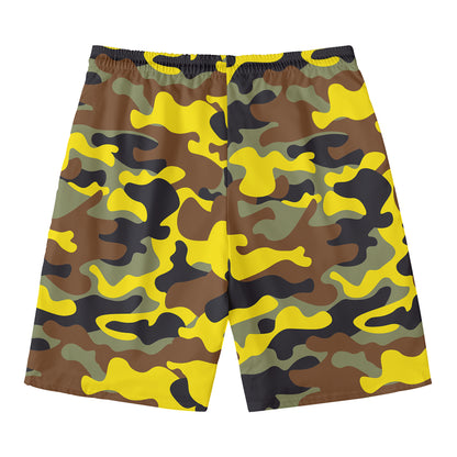 Yellow Brown And Black Camouflage Print Men's Swim Trunks
