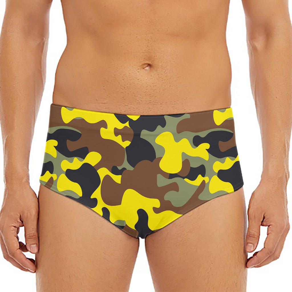 Yellow Brown And Black Camouflage Print Men's Triangle Swim Briefs