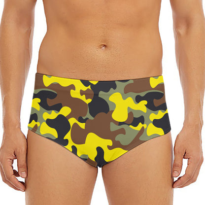 Yellow Brown And Black Camouflage Print Men's Triangle Swim Briefs