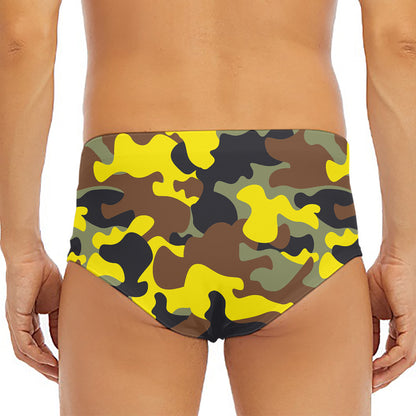 Yellow Brown And Black Camouflage Print Men's Triangle Swim Briefs