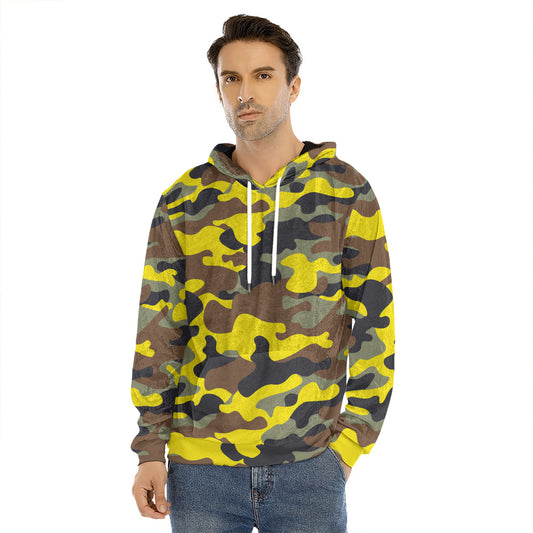 Yellow Brown And Black Camouflage Print Men's Velvet Pullover Hoodie