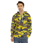 Yellow Brown And Black Camouflage Print Men's Velvet Pullover Hoodie
