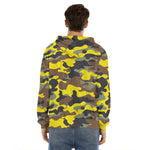 Yellow Brown And Black Camouflage Print Men's Velvet Pullover Hoodie