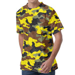 Yellow Brown And Black Camouflage Print Men's Velvet T-Shirt