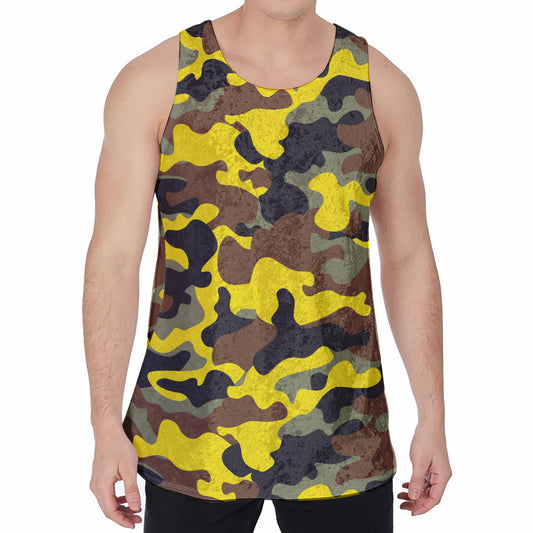 Yellow Brown And Black Camouflage Print Men's Velvet Tank Top