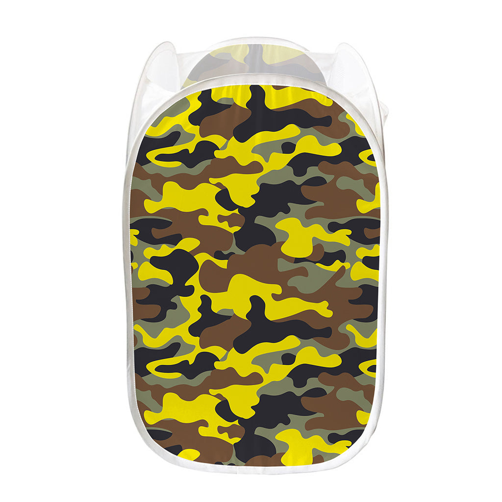 Yellow Brown And Black Camouflage Print Mesh Laundry Hamper