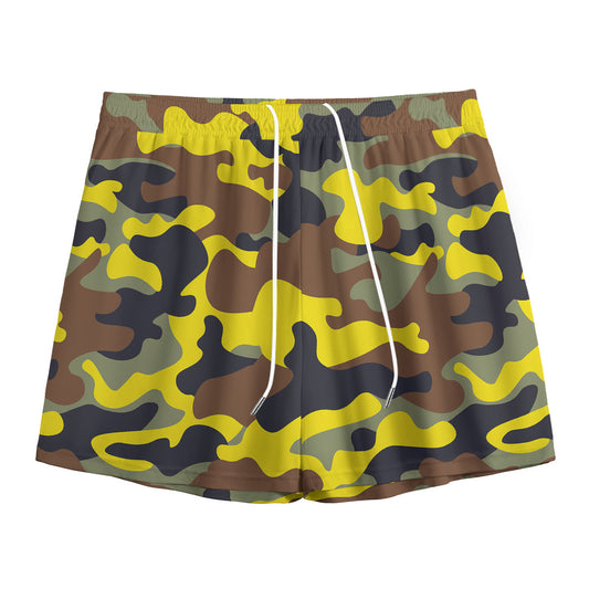 Yellow Brown And Black Camouflage Print Mesh Shorts