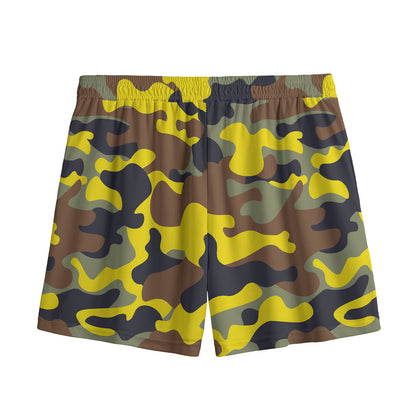 Yellow Brown And Black Camouflage Print Mesh Shorts