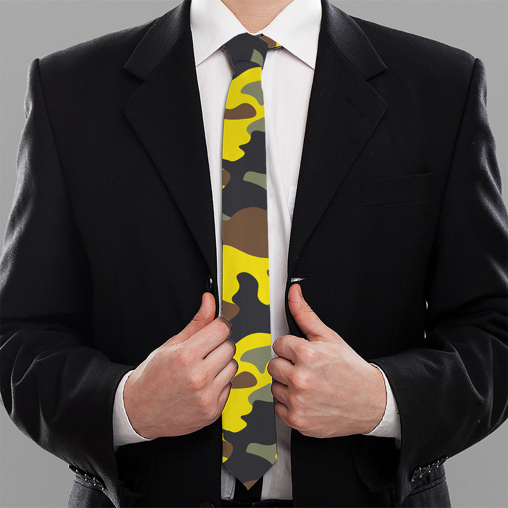 Yellow Brown And Black Camouflage Print Necktie