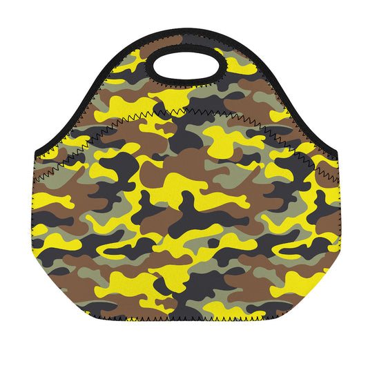 Yellow Brown And Black Camouflage Print Neoprene Lunch Bag
