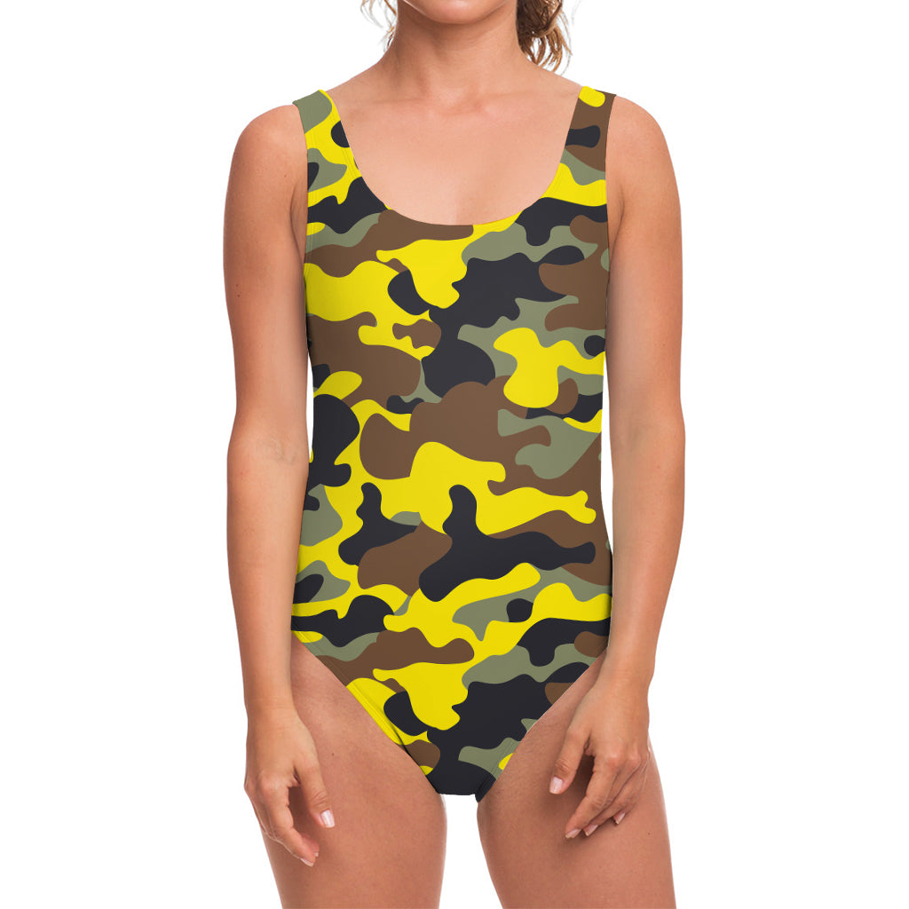 Yellow Brown And Black Camouflage Print One Piece Swimsuit