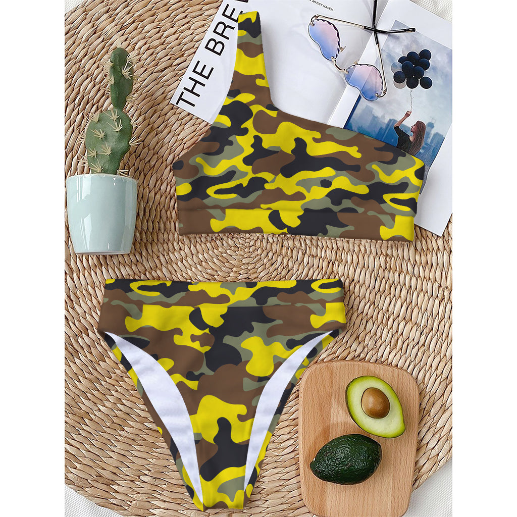Yellow Brown And Black Camouflage Print One Shoulder Bikini Top