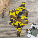 Yellow Brown And Black Camouflage Print One Shoulder Bodysuit