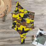Yellow Brown And Black Camouflage Print One Shoulder Bodysuit