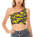 Yellow Brown And Black Camouflage Print One Shoulder Crop Top