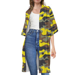 Yellow Brown And Black Camouflage Print Open Front Beach Cover Up