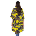 Yellow Brown And Black Camouflage Print Open Front Beach Cover Up