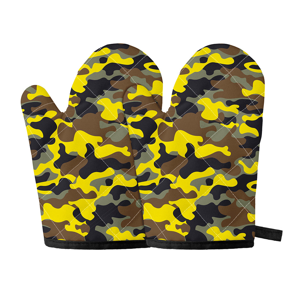 Yellow Brown And Black Camouflage Print Oven Mitts