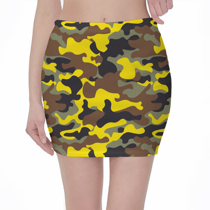 Yellow Brown And Black Camouflage Print Pencil Mini Skirt