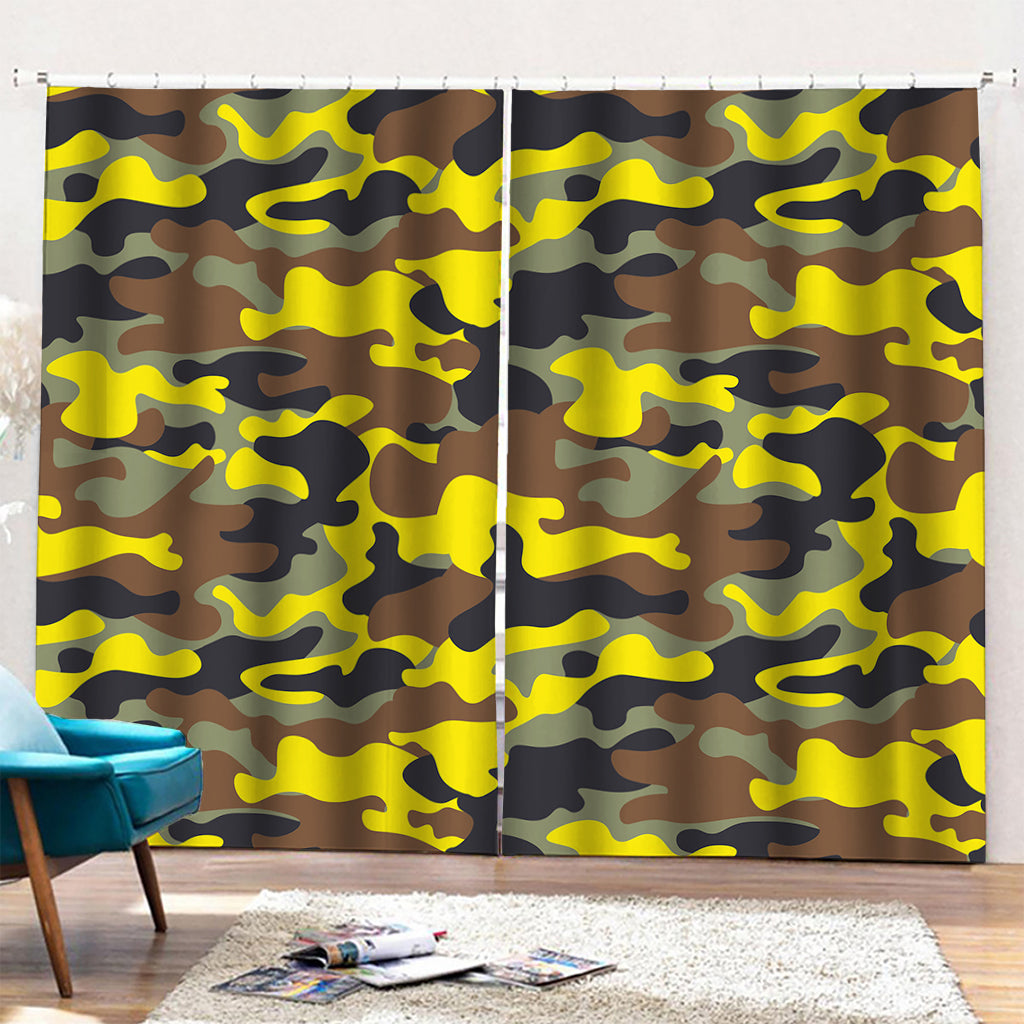 Yellow Brown And Black Camouflage Print Pencil Pleat Curtains