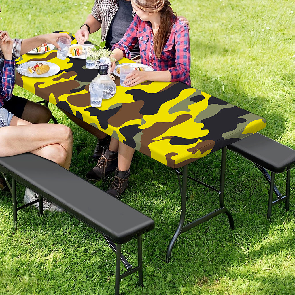 Yellow Brown And Black Camouflage Print Picnic Table Cover