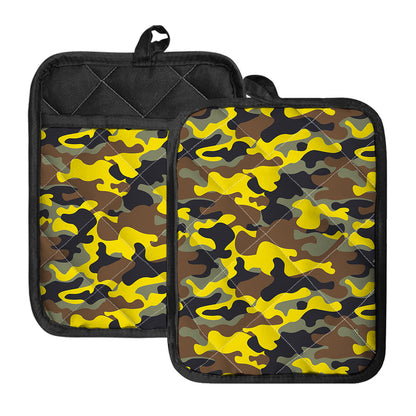 Yellow Brown And Black Camouflage Print Pot Holders With Pocket