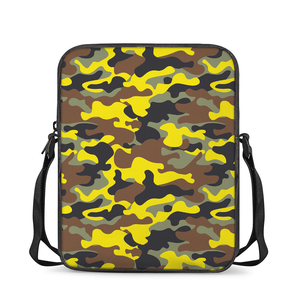 Yellow Brown And Black Camouflage Print Rectangular Crossbody Bag