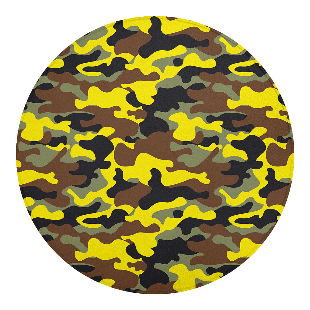 Yellow Brown And Black Camouflage Print Round Blanket