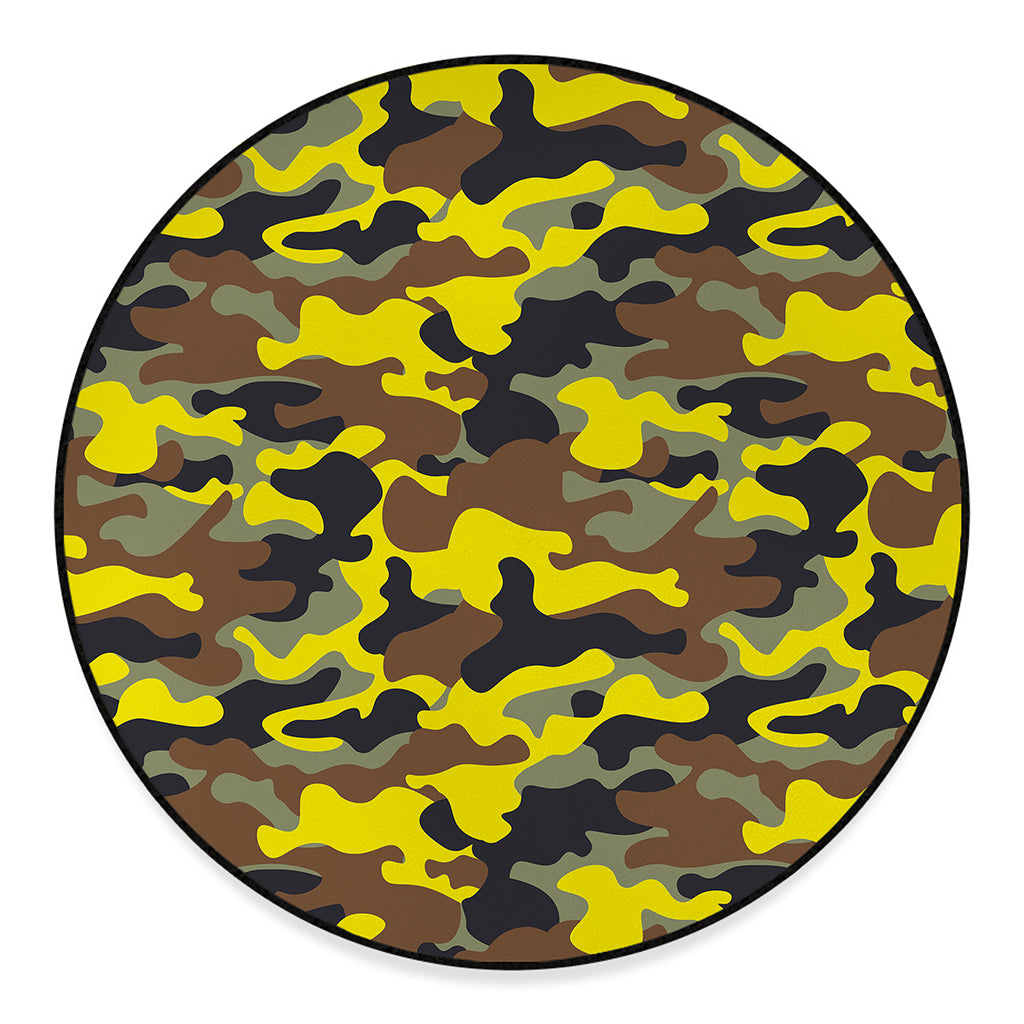 Yellow Brown And Black Camouflage Print Round Floor Mat