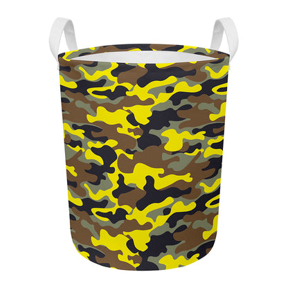 Yellow Brown And Black Camouflage Print Round Laundry Basket