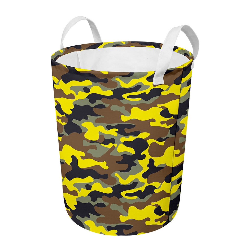Yellow Brown And Black Camouflage Print Round Laundry Basket