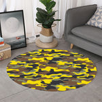 Yellow Brown And Black Camouflage Print Round Rug