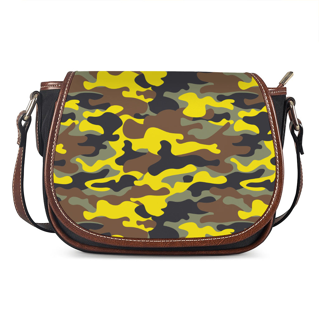Yellow Brown And Black Camouflage Print Saddle Bag