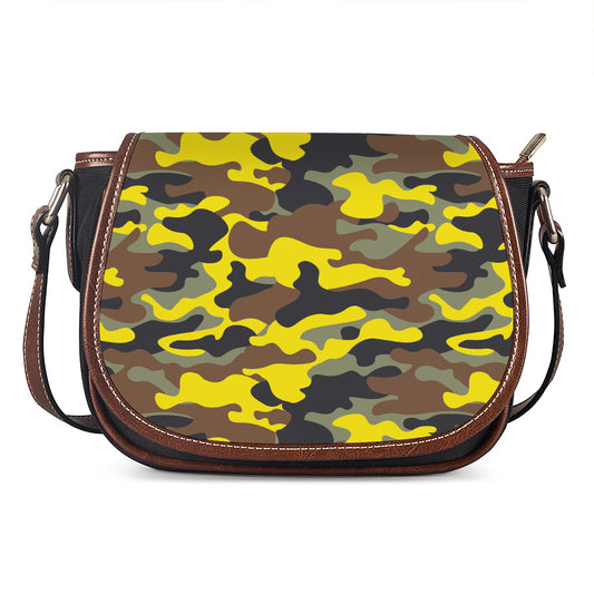 Yellow Brown And Black Camouflage Print Saddle Bag