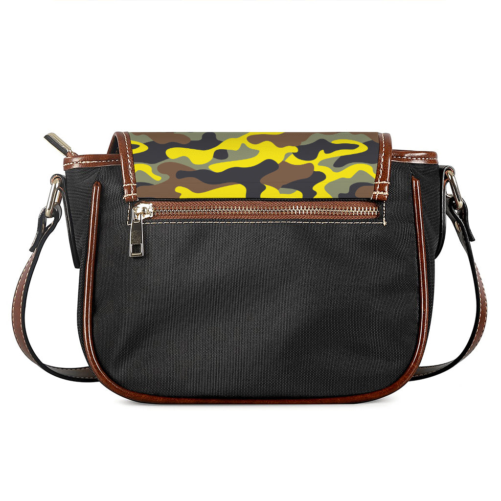 Yellow Brown And Black Camouflage Print Saddle Bag