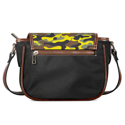 Yellow Brown And Black Camouflage Print Saddle Bag