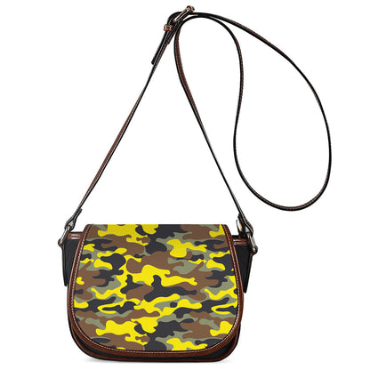 Yellow Brown And Black Camouflage Print Saddle Bag