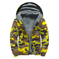 Yellow Brown And Black Camouflage Print Sherpa Lined Zip Up Hoodie
