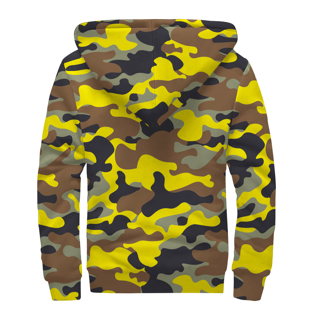 Yellow Brown And Black Camouflage Print Sherpa Lined Zip Up Hoodie
