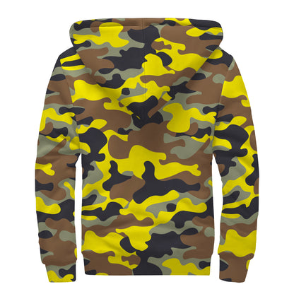 Yellow Brown And Black Camouflage Print Sherpa Lined Zip Up Hoodie