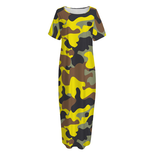Yellow Brown And Black Camouflage Print Short Sleeve Long Nightdress