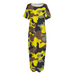 Yellow Brown And Black Camouflage Print Short Sleeve Long Nightdress