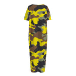 Yellow Brown And Black Camouflage Print Short Sleeve Long Nightdress