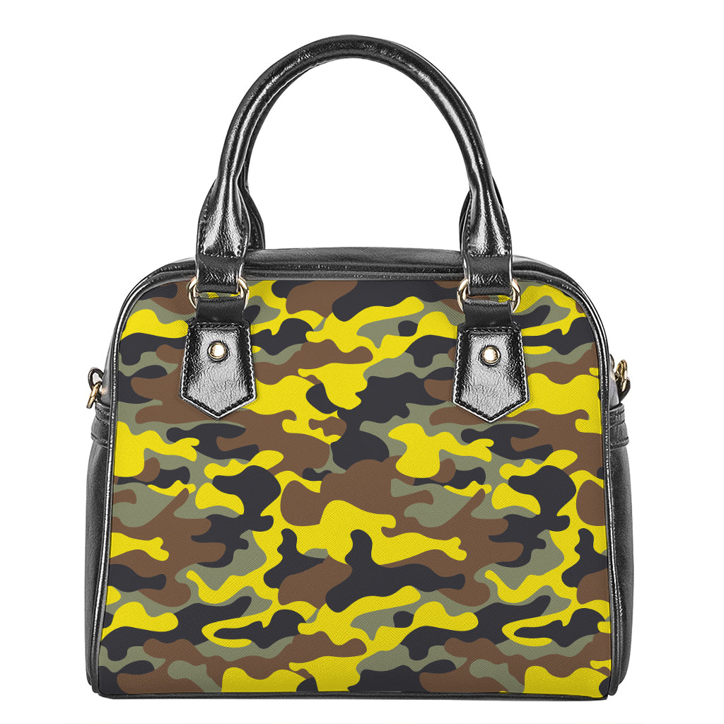 Yellow Brown And Black Camouflage Print Shoulder Handbag