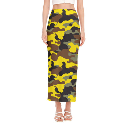 Yellow Brown And Black Camouflage Print Side Slit Maxi Skirt