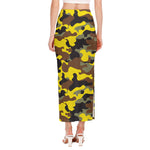 Yellow Brown And Black Camouflage Print Side Slit Maxi Skirt