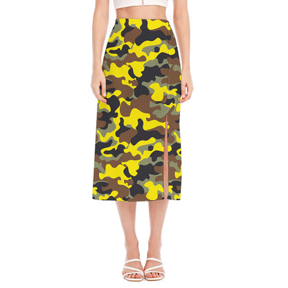 Yellow Brown And Black Camouflage Print Side Slit Midi Skirt