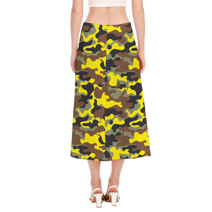 Yellow Brown And Black Camouflage Print Side Slit Midi Skirt