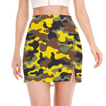 Yellow Brown And Black Camouflage Print Side Slit Mini Skirt